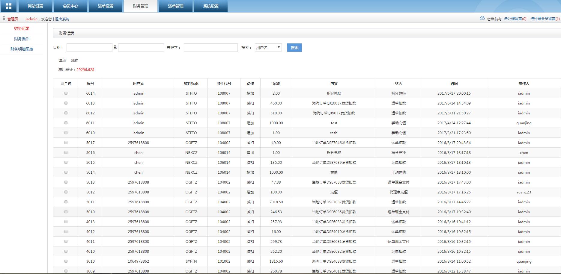 轉運系統后臺管理財務記錄管理界面